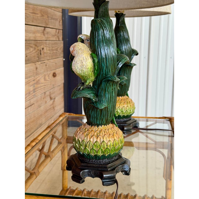 2000 - 2009 Sculptural Parrot Table Lamps With New Linen Shades - a Pair For Sale - Image 5 of 12