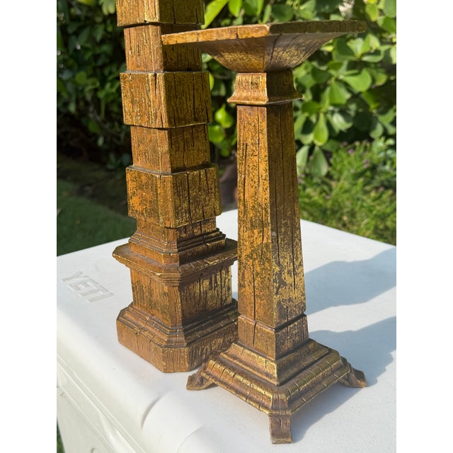 Vintage Brutalist Gilt Faux Bois Sculptural Candleholders, Graduated Pair For Sale - Image 11 of 12