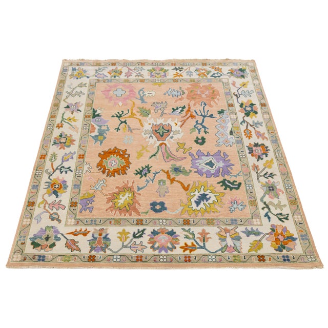 Contemporary Hand-Knotted Oushak Style Wool Rug in Soft Peach, Lavender & Ochre For Sale - Image 10 of 12