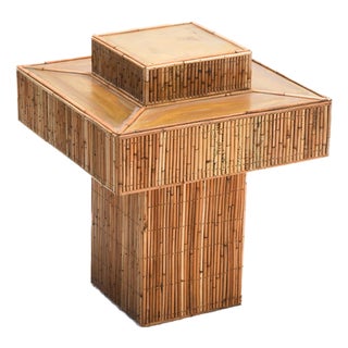 Rattan Prism Side Table, Hand-Crafted, Mid-Century Modern, Brass Top For Sale