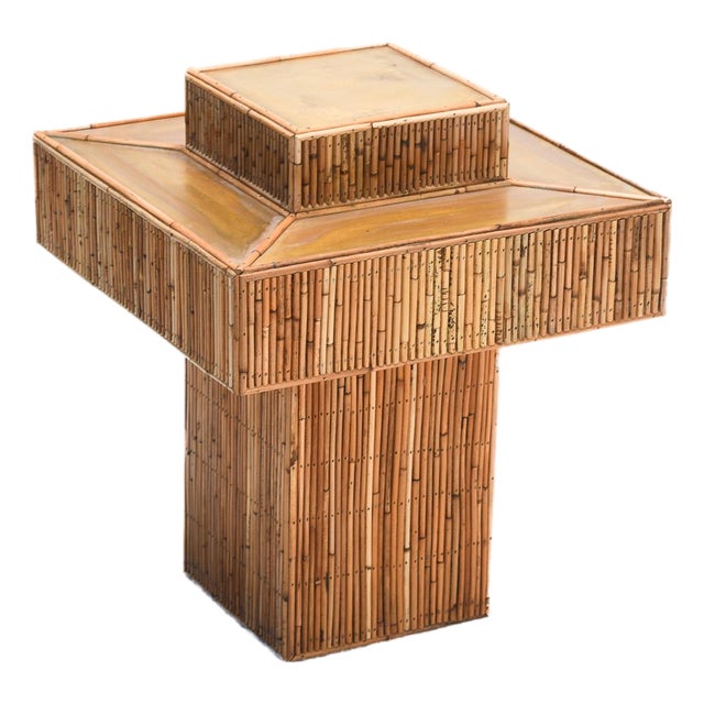 Rattan Prism Side Table, Hand-Crafted, Mid-Century Modern, Brass Top For Sale