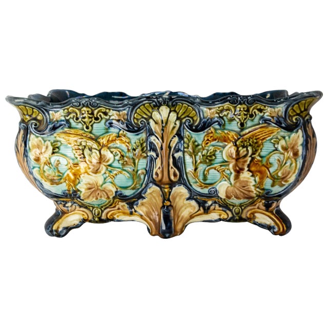 Art Nouveau Griffon Barbotine Jardiniere, 1900s For Sale