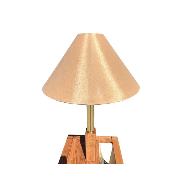 Postmodern Vintage Mid Century Postmodern 1970s Solid Oak Brass Magazine Table Floor Lamp 1980s Restored For Sale - Image 3 of 12