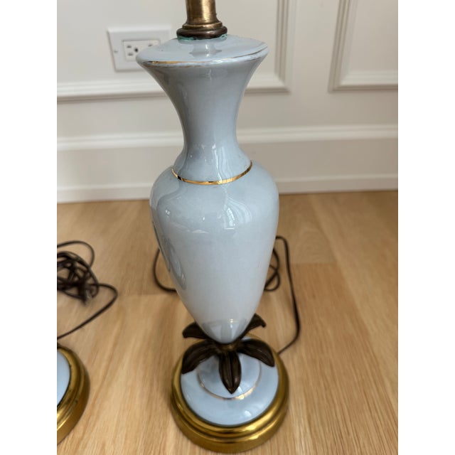 Vintage Pale Blue Opaline Glass & Brass Palm Leaf Table Lamps - a Pair For Sale - Image 4 of 8