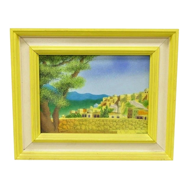 Late 20th Century Daniel Belliard Enamel on Copper Small Framed Painting Yellow Countryside For Sale