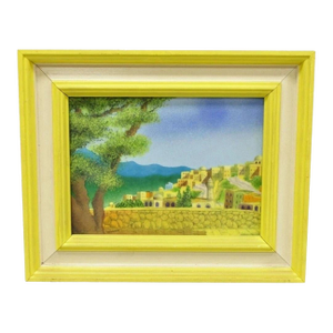 Late 20th Century Daniel Belliard Enamel on Copper Small Framed Painting Yellow Countryside
