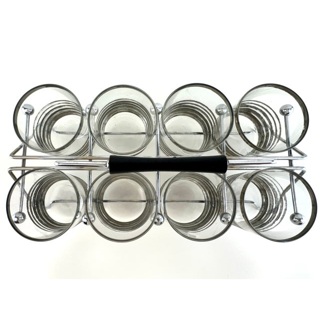 Chrome 1960s Mid-Century Modern Silver Rim Cocktail Glasses With Chrome Carrier - Set of 8 For Sale - Image 8 of 10