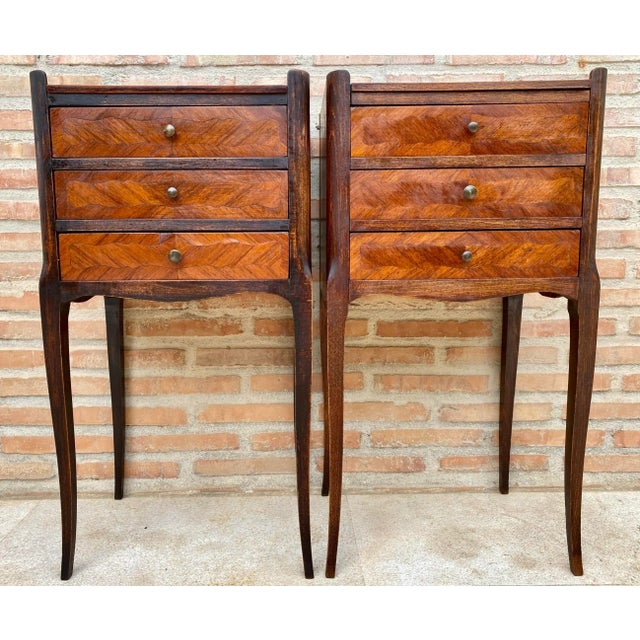 Wood French Walnut Nightstands with 3 Drawers, 1940s, Set of 2 For Sale - Image 7 of 7