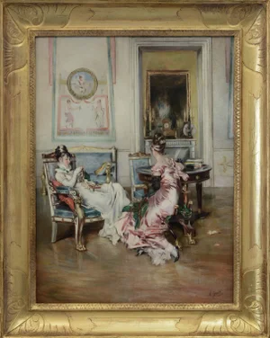 Angelo Granati, In the Parlor, Italy, Oil on Canvas, Framed