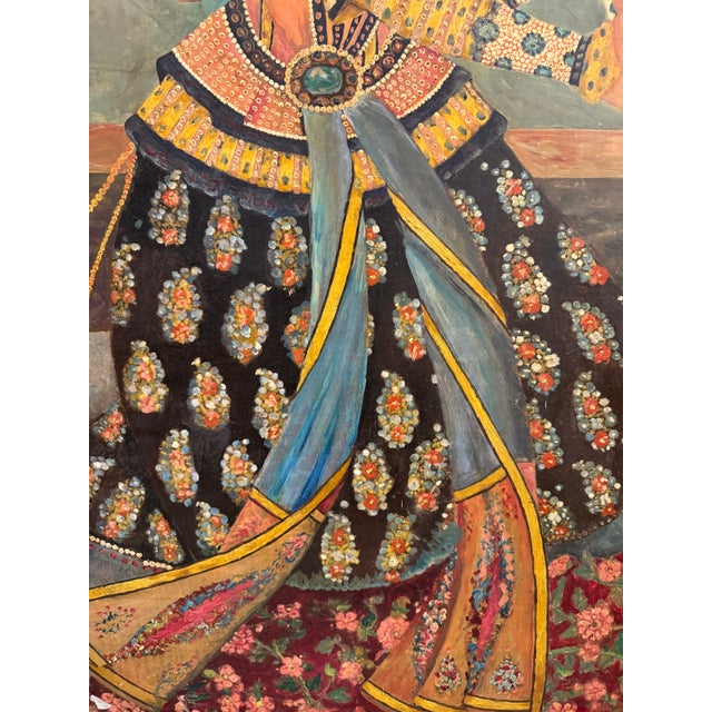 Paper A Palatial Persian Hand Painted Oil on Board Painting For Sale - Image 7 of 10