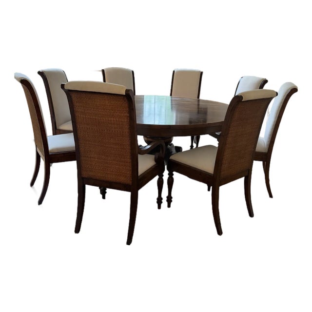 Contemporary Chesnut Round Dining Table and 8 Chairs For Sale