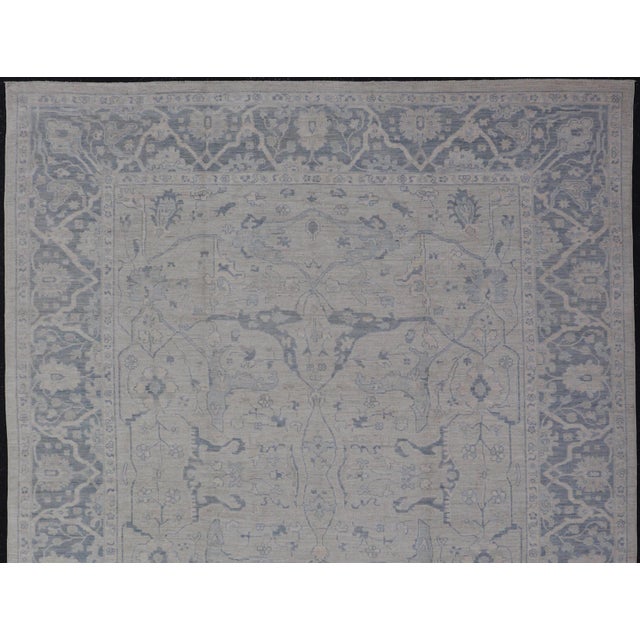 Traditional Modern Oushak Rug in Soft Gray With Blue Tones and Refined Classical Motifs For Sale - Image 3 of 12
