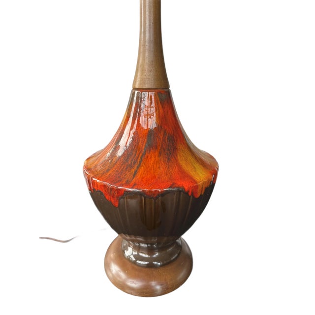 Mid-Century Glazed Lamp with Walnut Base For Sale - Image 4 of 5
