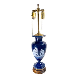 19th Century French or Bohemian Cobalt Blue Opaline Glass Lamp Vase With Neo-Classical Scene For Sale