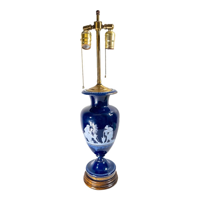 19th Century French or Bohemian Cobalt Blue Opaline Glass Lamp Vase With Neo-Classical Scene For Sale