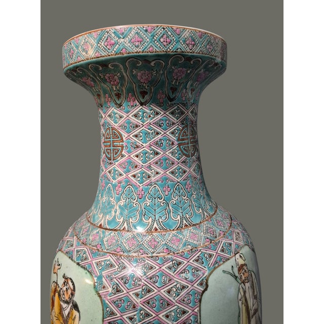 Teal Vintage Asian Chinese Famille Rose Figural the Eight Immortals Longevity Canton Vase 24.75''Tall For Sale - Image 8 of 15