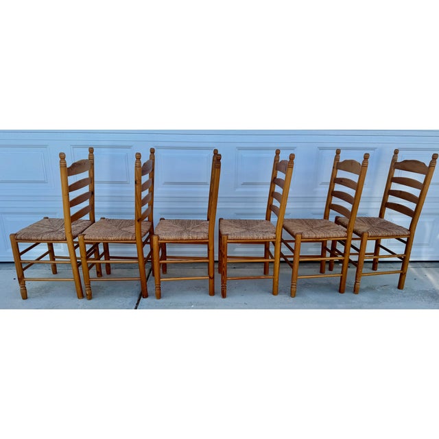 Mid 20th Century Set of 6 Ladder Back Shaker Farm House Chairs With Rush Seats For Sale - Image 9 of 17