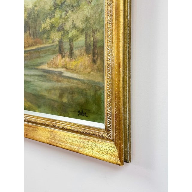 Vintage Oil Painting Landscape Father Son Fishing River Impressionist on Canvas For Sale In Tampa - Image 6 of 15