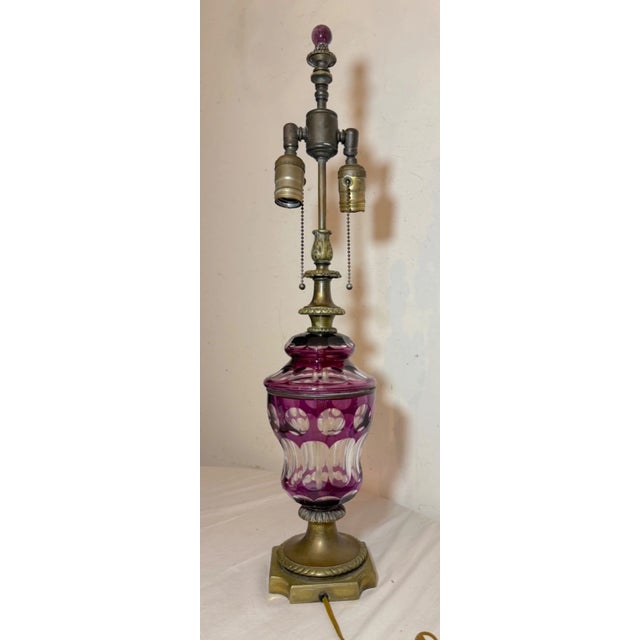 Antique Cut to Clear Bohemian Czech Purple Clear Glass Crystal Bronze Table Lamp For Sale - Image 14 of 14