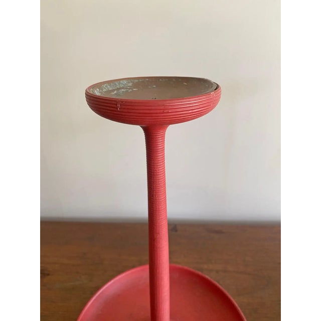 Japanese Red Lacquer Ribbed Candle Holder Pair, Meji Period C. 1900 For Sale - Image 4 of 10