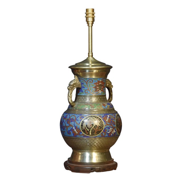 Chinese Cloisonne Twin Handled Table Lamp Base, 1920s For Sale