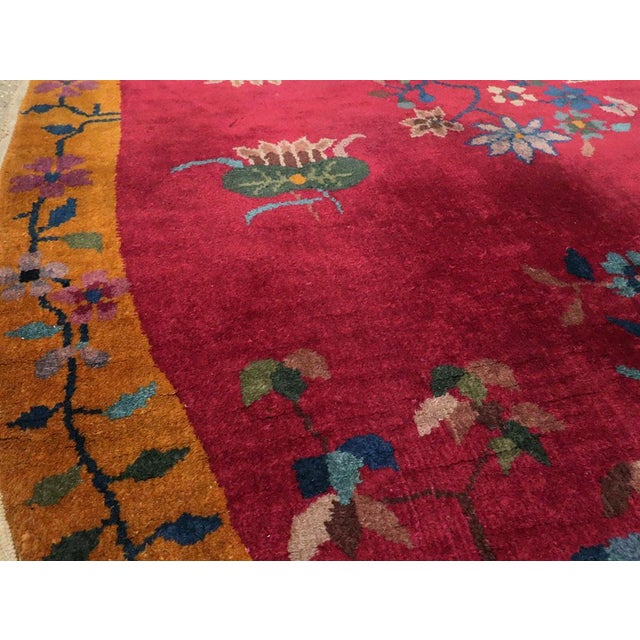 Mid 20th Century Galerie Shabab Collection Oval Mid-20th Century Handmade Chinese Art Deco Accent Rug in Red and Goldenrod For Sale - Image 5 of 9