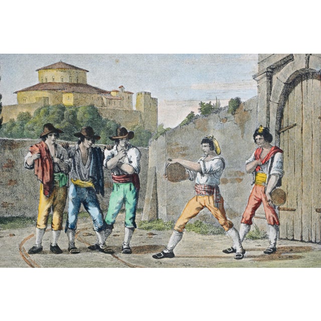 Antique Italian Lithograph Hand-Colored Set of 4 Traditional Dances & Games Silk Mats Gilt Frames For Sale - Image 4 of 16
