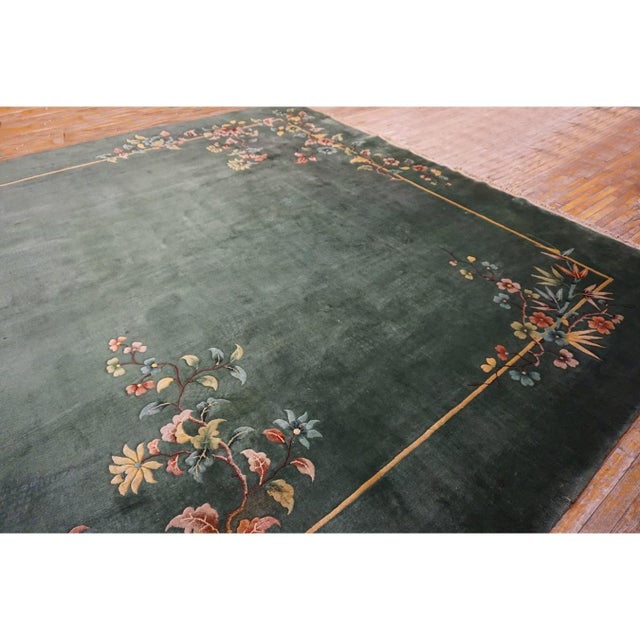Textile 1930s Solid Green Field Floral Antique Chinese Art Deco Carpet Rug For Sale - Image 7 of 9