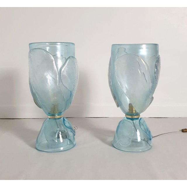 Pair of large Mid Century Modern sky blue Murano glass lamps, Italy 1970, attributed to Seguso. The pair of vintage lamps...