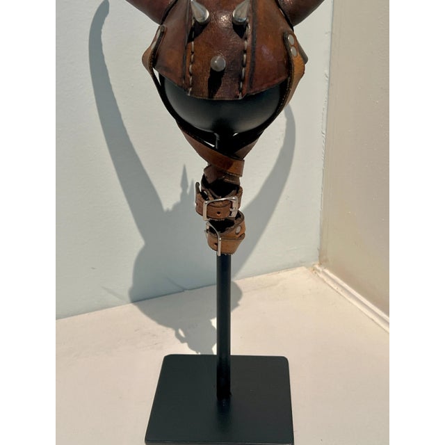 Leather Studded Helmet Mounted on Custom Iron Stand For Sale - Image 11 of 12