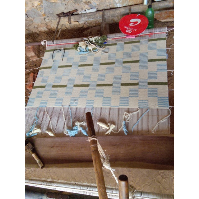Cream Handmade Woolen Flat Weave Rug, Cream, Sky Blue and Sage Green Striped Wool Rug - 6'x9' For Sale - Image 8 of 10