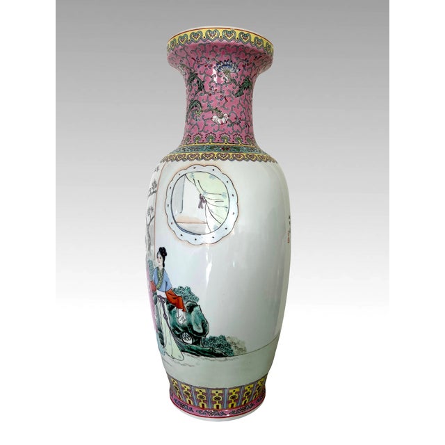 Wood Ladies in the Summer Garden, Large Chinese Qianlong Famille Rose Baluster White Porcelain Floor Vase, Republic Period, Wood Stand For Sale - Image 7 of 11