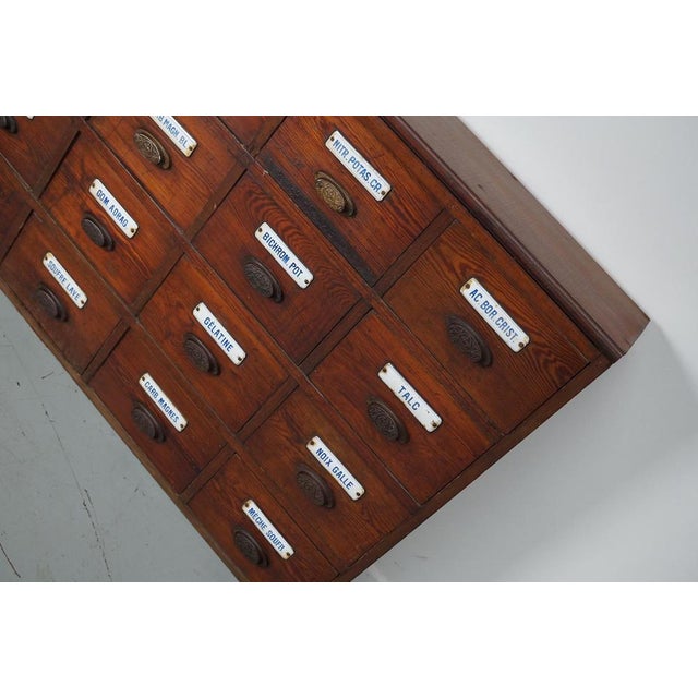 Large Belgian Pitch Pine Apothecary Cabinet with Enamel Shields, 1900s For Sale - Image 11 of 18