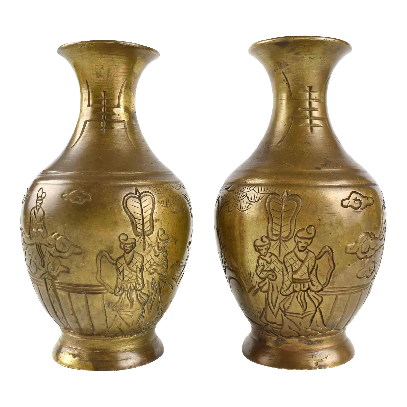 Mid 20th Century Solid Hand Engraved Asian Chinese Brass Vase a Pair