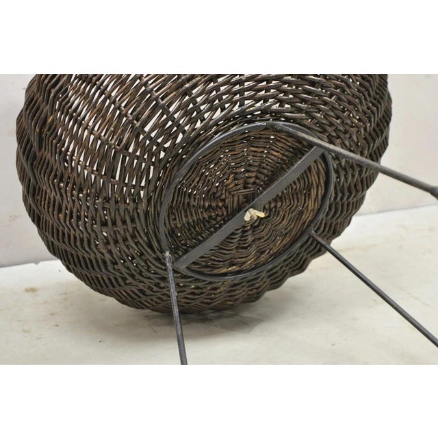 20th Century MCM Arthur Umanoff Style Wicker Rattan Wrought Iron Planter Stand For Sale - Image 9 of 9