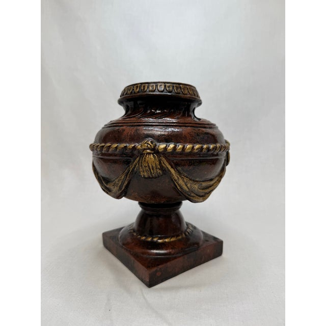 Renaissance Vintage Italian Renaissance Style Glazed Ceramic Embossed Urn, Gold & Brown For Sale - Image 3 of 12