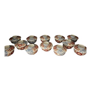 Antique Colored-Imari Rice/Soup Bowls With Lids - Rare Collection of Set of 12 For Sale