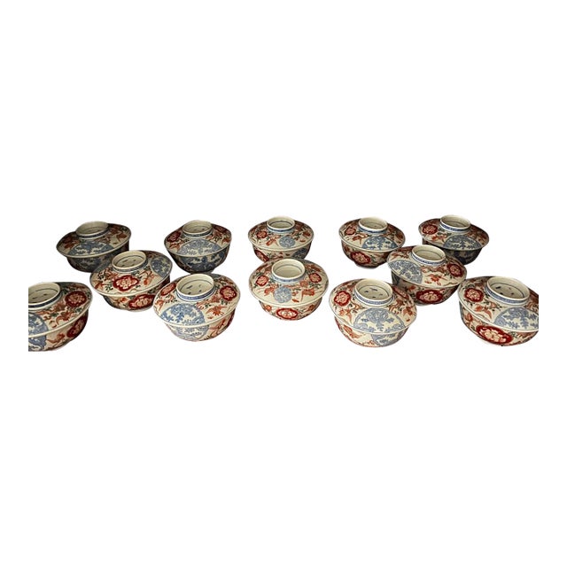 Antique Colored-Imari Rice/Soup Bowls With Lids - Rare Collection of Set of 12 For Sale