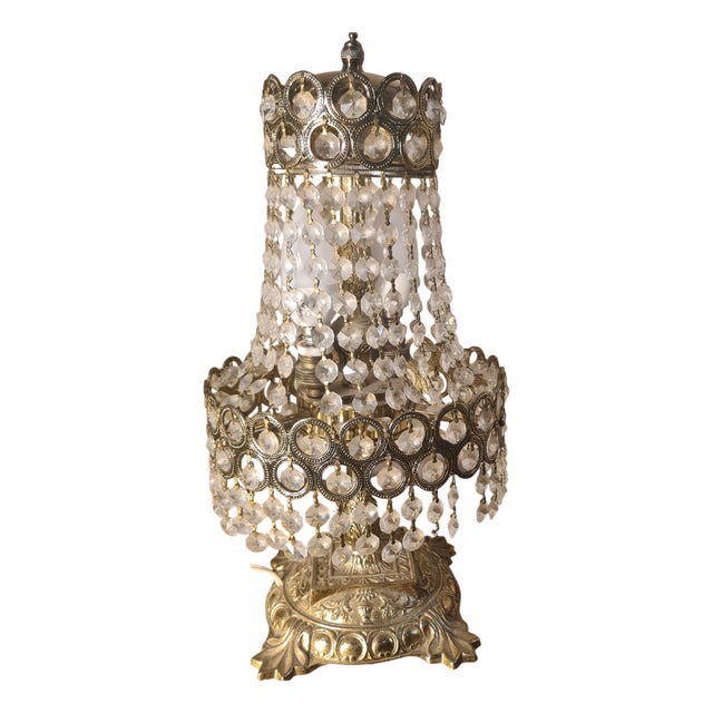 Bronze and Brass Table Lamp with Crystal and Glass Pendants, 1940s For Sale