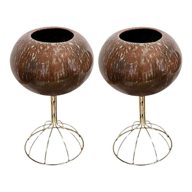 Vintage Italian Brown Ceramic Sphere Planters With Brass Stands – a Pair For Sale