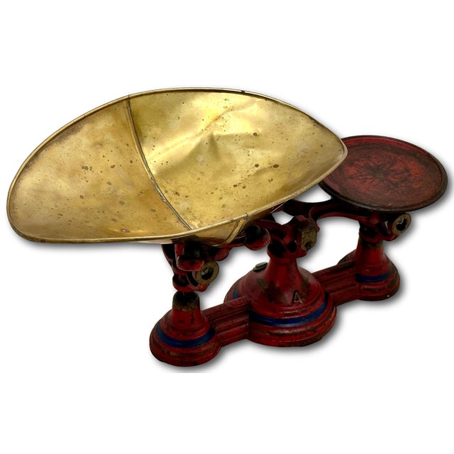 Late 19th Century Nice Antique American Victorian Cast Iron & Brass Small Size Kitchen Scale With Excellent Original Red & Blue Paint For Sale - Image 5 of 18