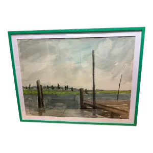 Large Coastal Vintage Watercolor Painting of a Pier Waterfront Landscape "End of the Pier", Newly Framed