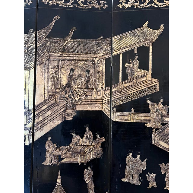 Vintage Chinese Coromandel Black Lacquer 8-Panel Folding Screen With Gilt Court Scenes For Sale In Miami - Image 6 of 7