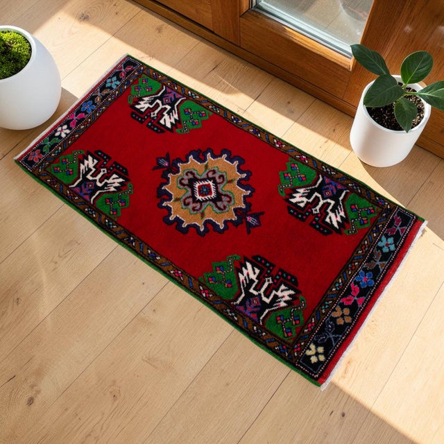 Mid-Century Modern 1970s Hand Made Turkish Mat Rug Small Rug Kitchen Mat Organic Wool - 1'11" X 3'10" For Sale - Image 3 of 10