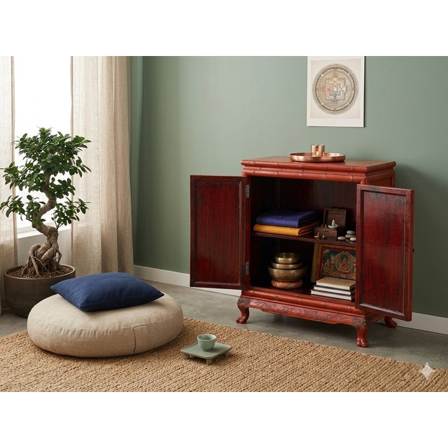 Oriental Red Matte Golden Relief Carving Small Cabinet Chest For Sale In San Francisco - Image 6 of 13