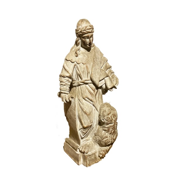 Antique Wood Sculpture of the Prophet Saint Daniel and the Lion 21.5 For Sale - Image 4 of 8
