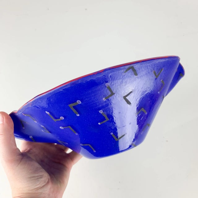 Late 20th Century Vintage Mid-Century Modern Handmade Art Glass Bright Blue Red Black Batter Bowl For Sale - Image 5 of 10
