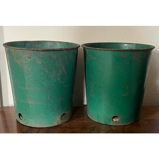Metal 1950's Green Tole Orchid Flower Pots or Cachepots - A Pair For Sale - Image 7 of 12