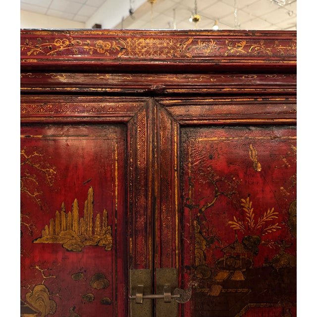 Red Large Chinoiserie Red Lacquered Cabinet or Armoire With Gilt Accents For Sale - Image 8 of 12