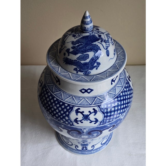 Asian Pair of Early 20th Century Antique Asian Blue & White Temple Jars Phoenix Dragon For Sale - Image 3 of 12